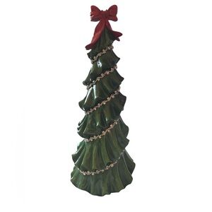 Festive Green Christmas Tree with Red Bow and bling garland